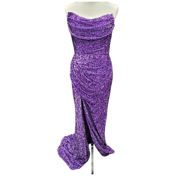 NWT Grape Purple Strapless Sequin Evening Gown with Corset Back on Velvet Fabric - Picture 1 of 14